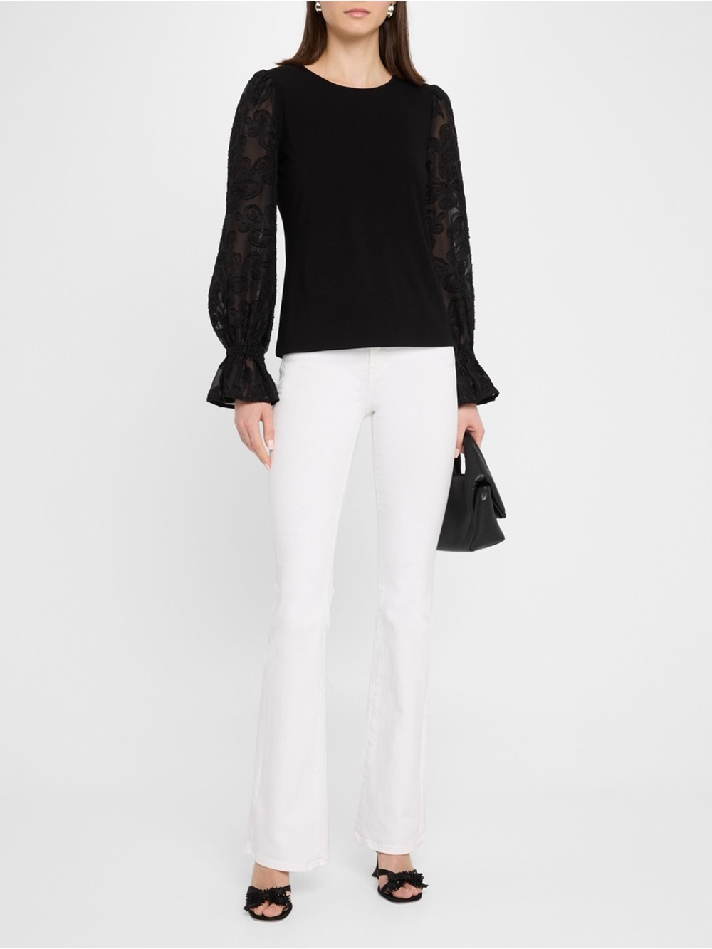 Elie Tahari Black Knit Top with Sheer Embroidered Bishop Sleeves